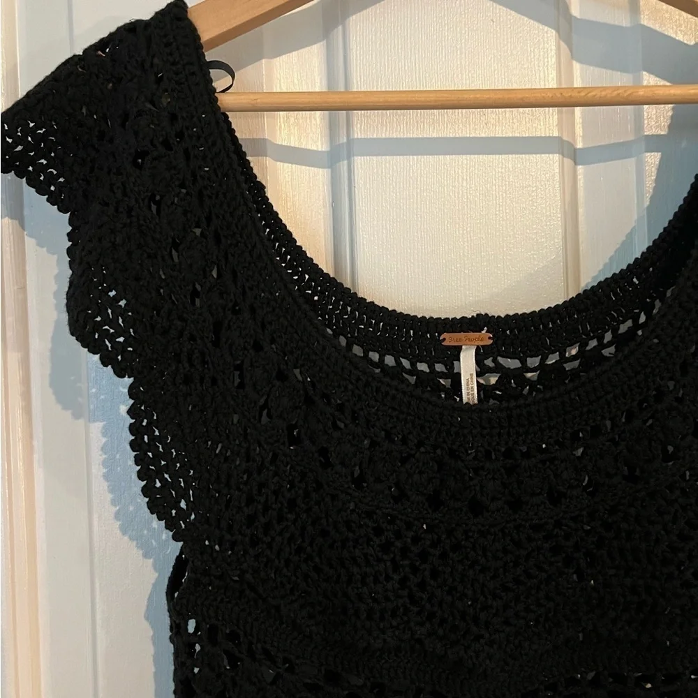 Free People | Crochet Knit‎ Top Small Black Bohemian Cap Sleeve Linen Cotton